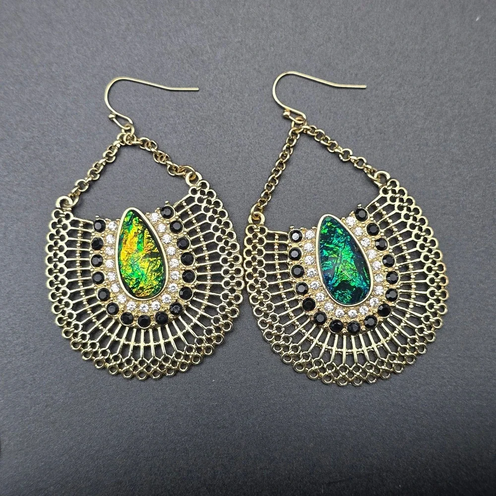 Blue Green Iridescent Earrings GOld Tone Statement Fan Shape
